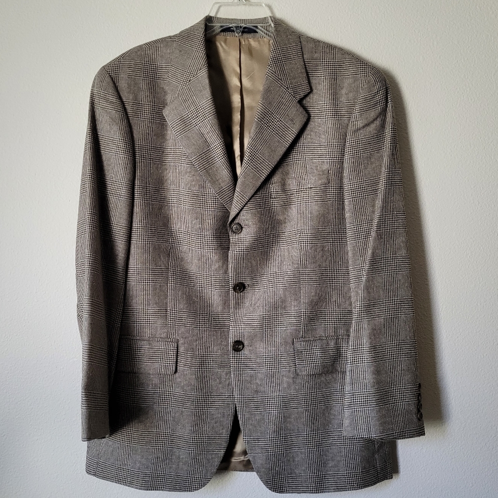 Chaps Ralph Lauren Suit Jacket Wool Silk Glen Plaid Blue Tan Houndstooth Button